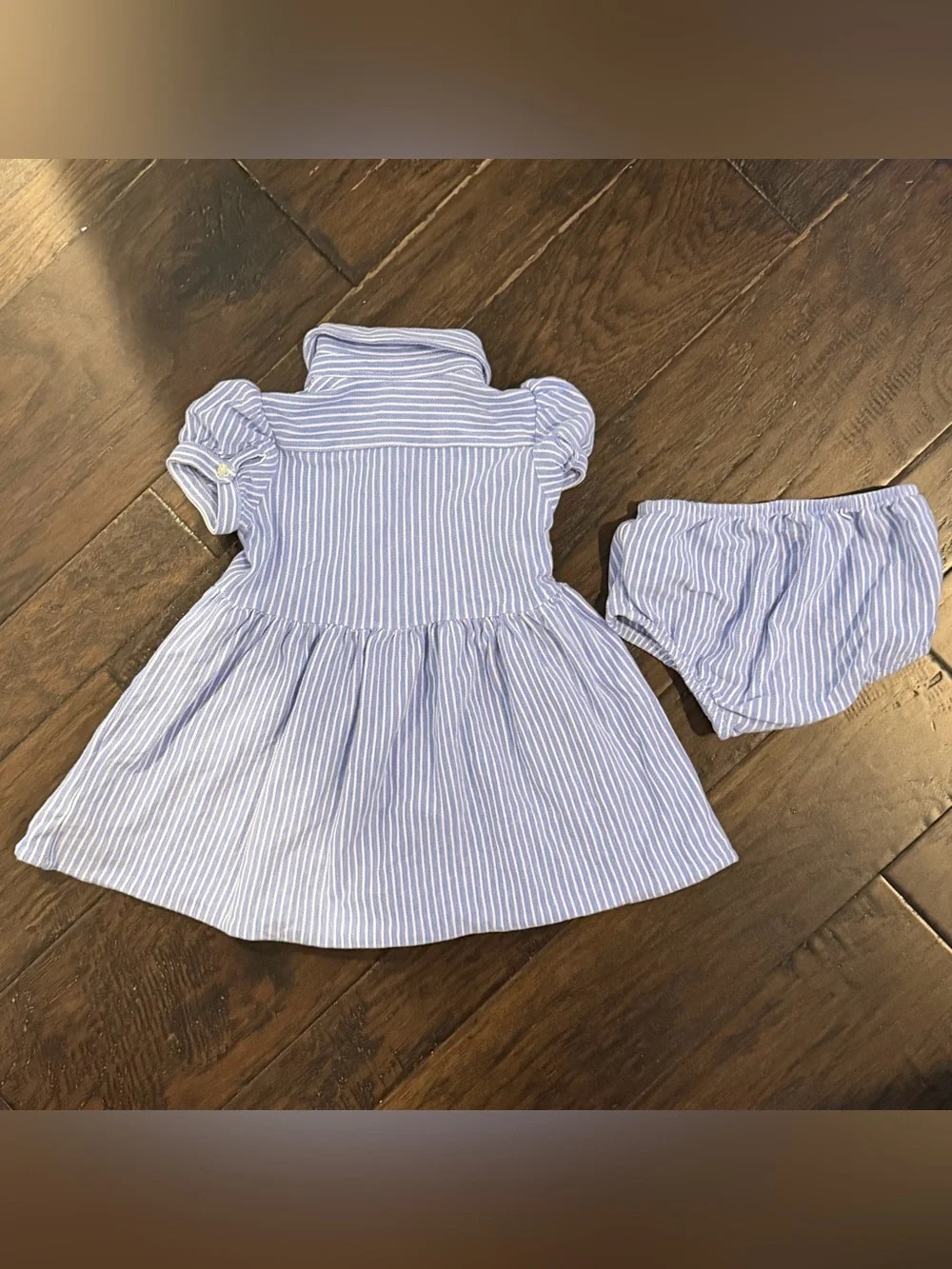 Ralph Lauren blue white stripe button down collar dress with bloomers